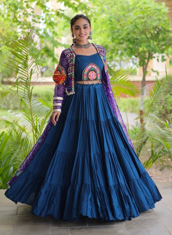 Blue Pure Georgette Bandhani Print Kutchi Patchwork Navratri Lehenga Choli With Koti