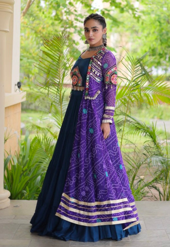 Blue Pure Georgette Bandhani Print Kutchi Patchwork Navratri Lehenga Choli With Koti