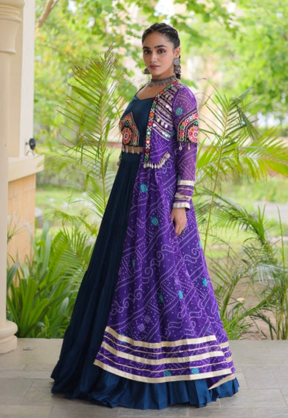 Blue Pure Georgette Bandhani Print Kutchi Patchwork Navratri Lehenga Choli With Koti