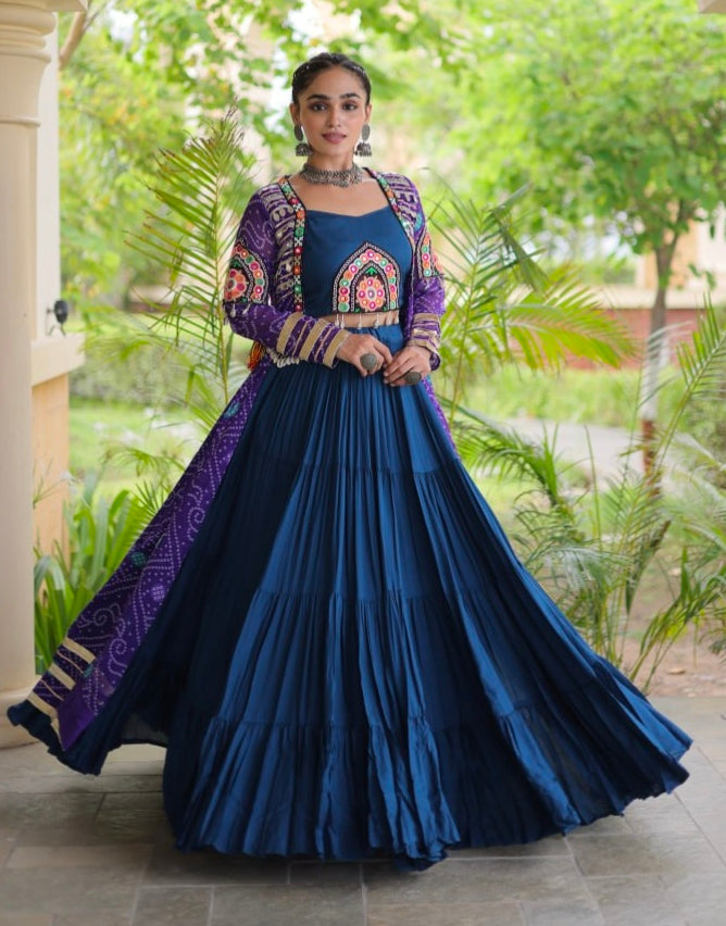 Blue Pure Georgette Bandhani Print Kutchi Patchwork Navratri Lehenga Choli With Koti