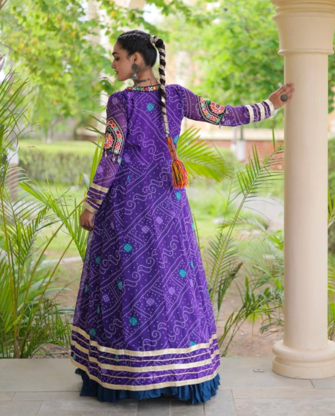 Blue Pure Georgette Bandhani Print Kutchi Patchwork Navratri Lehenga Choli With Koti