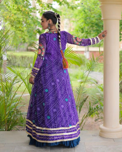 Blue Pure Georgette Bandhani Print Kutchi Patchwork Navratri Lehenga Choli With Koti