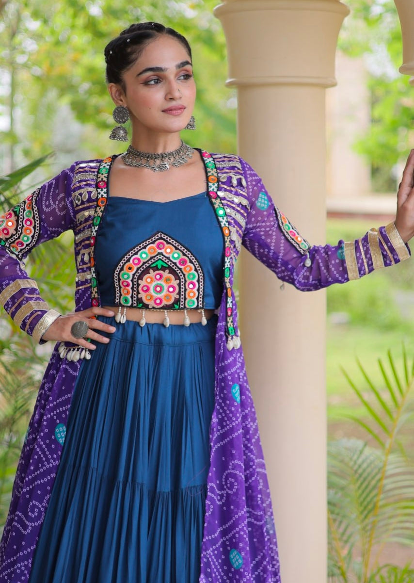 Blue Pure Georgette Bandhani Print Kutchi Patchwork Navratri Lehenga Choli With Koti