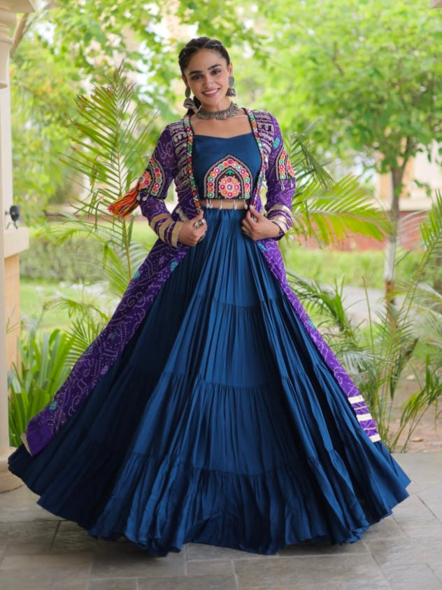 Blue Pure Georgette Bandhani Print Kutchi Patchwork Navratri Lehenga Choli With Koti