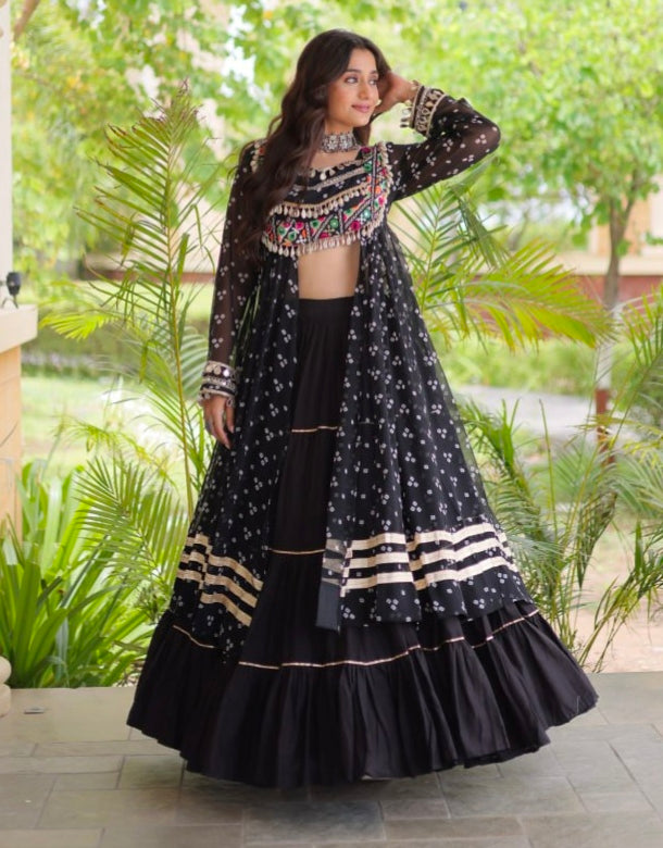 Black Pure Georgette Bandhani Print Kutchi Patchwork Navratri Lehenga Choli With Koti