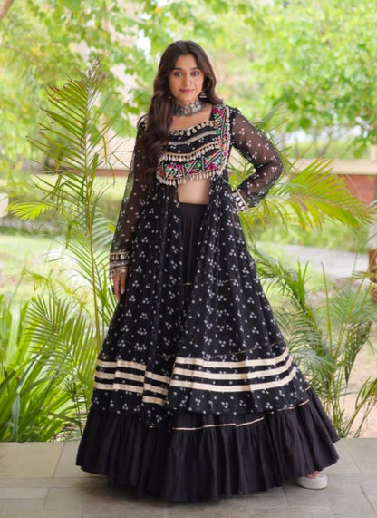 Black Pure Georgette Bandhani Print Kutchi Patchwork Navratri Lehenga Choli With Koti
