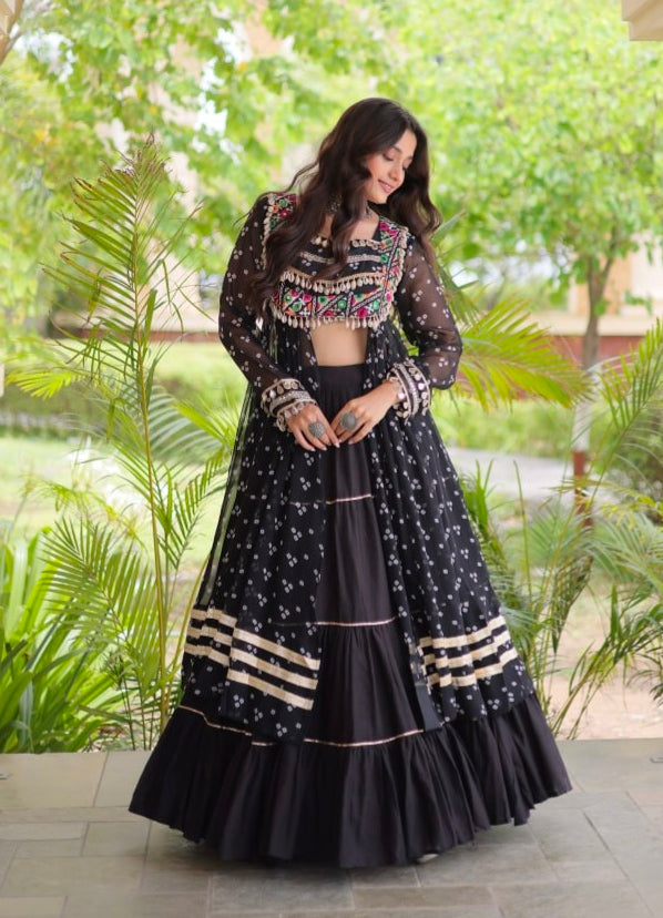Black Pure Georgette Bandhani Print Kutchi Patchwork Navratri Lehenga Choli With Koti