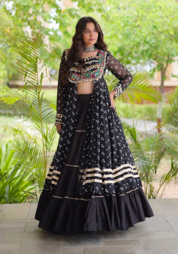 Black Pure Georgette Bandhani Print Kutchi Patchwork Navratri Lehenga Choli With Koti