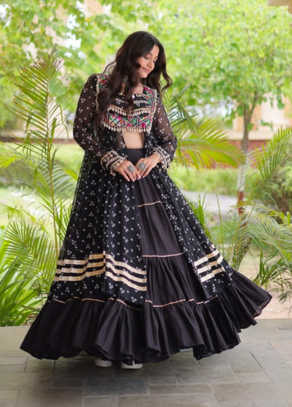 Black Pure Georgette Bandhani Print Kutchi Patchwork Navratri Lehenga Choli With Koti