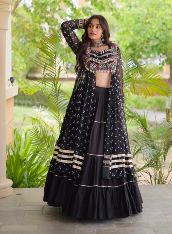 Black Pure Georgette Bandhani Print Kutchi Patchwork Navratri Lehenga Choli With Koti