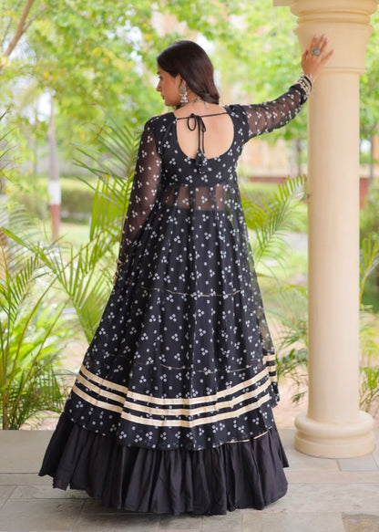 Black Pure Georgette Bandhani Print Kutchi Patchwork Navratri Lehenga Choli With Koti