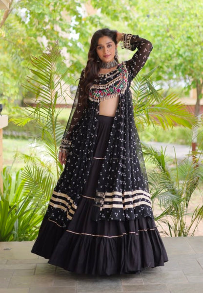 Black Pure Georgette Bandhani Print Kutchi Patchwork Navratri Lehenga Choli With Koti