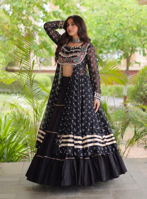 Black Pure Georgette Bandhani Print Kutchi Patchwork Navratri Lehenga Choli With Koti