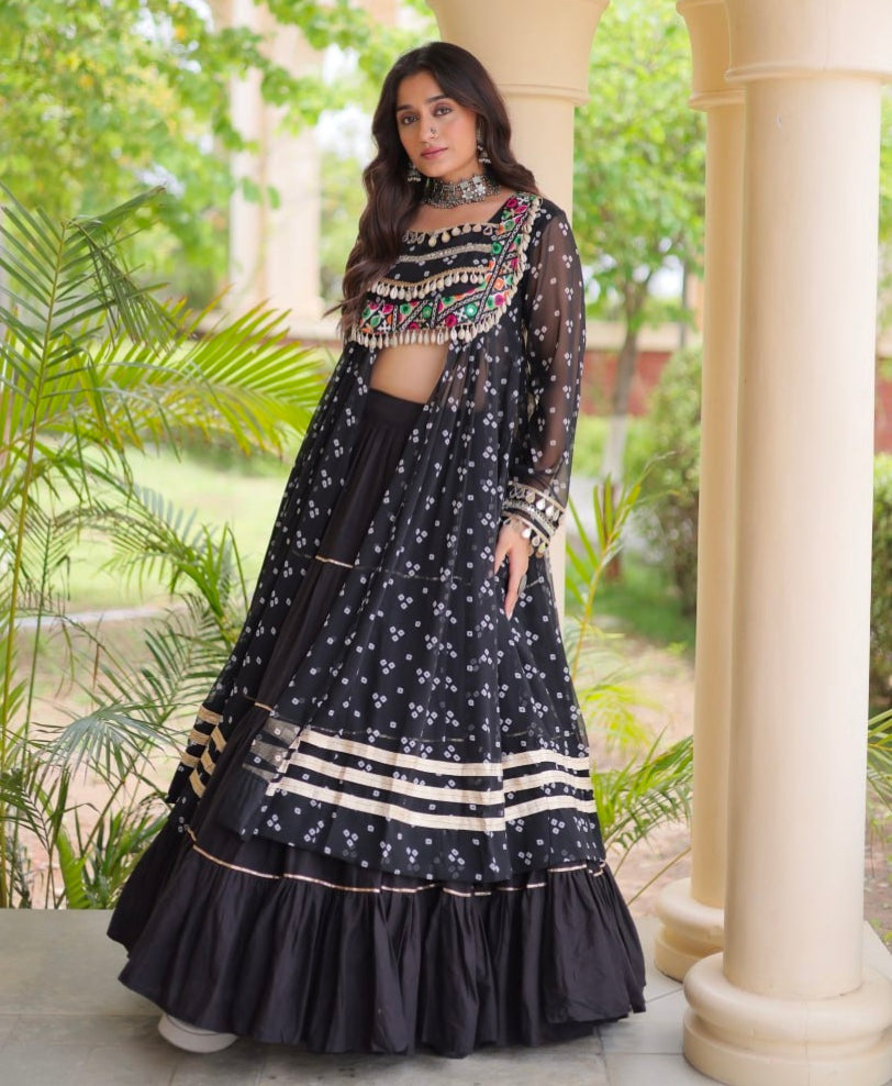 Black Pure Georgette Bandhani Print Kutchi Patchwork Navratri Lehenga Choli With Koti