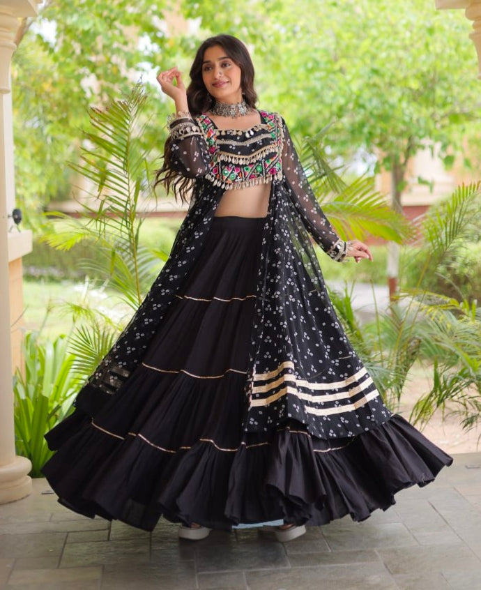 Black Pure Georgette Bandhani Print Kutchi Patchwork Navratri Lehenga Choli With Koti