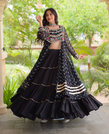 Black Pure Georgette Bandhani Print Kutchi Patchwork Navratri Lehenga Choli With Koti