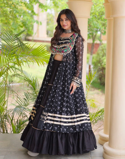 Black Pure Georgette Bandhani Print Kutchi Patchwork Navratri Lehenga Choli With Koti