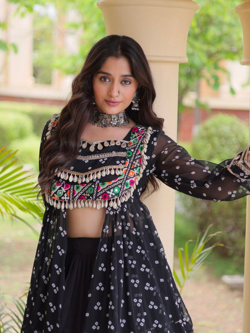 Black Pure Georgette Bandhani Print Kutchi Patchwork Navratri Lehenga Choli With Koti