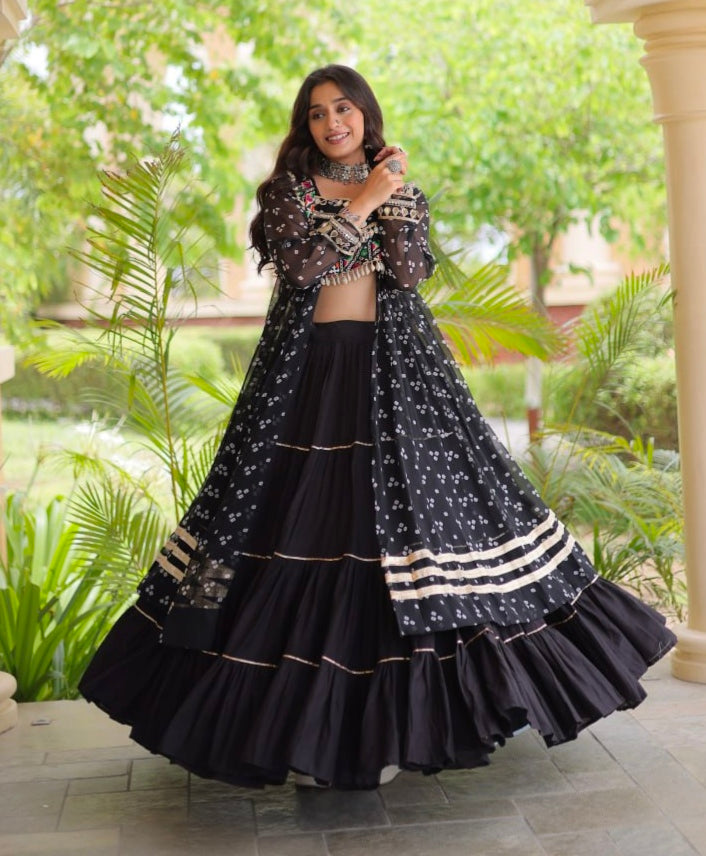 Black Pure Georgette Bandhani Print Kutchi Patchwork Navratri Lehenga Choli With Koti