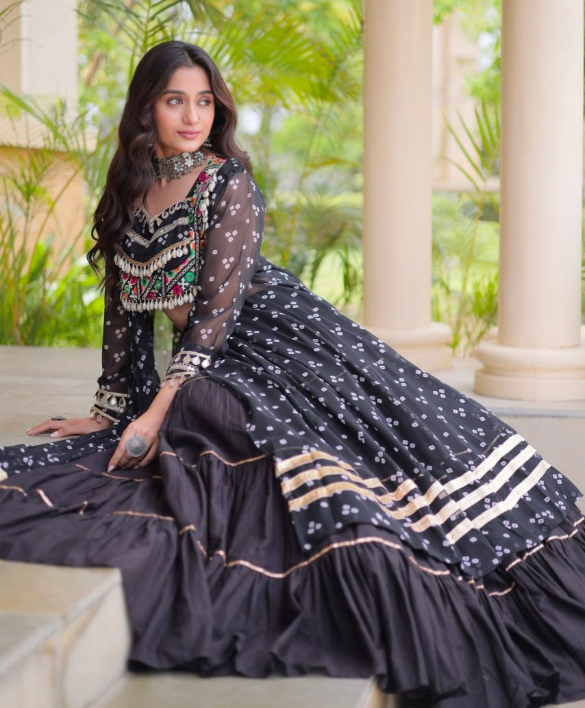 Black Pure Georgette Bandhani Print Kutchi Patchwork Navratri Lehenga Choli With Koti