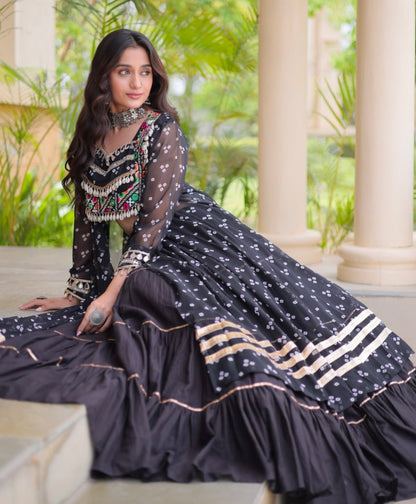 Black Pure Georgette Bandhani Print Kutchi Patchwork Navratri Lehenga Choli With Koti