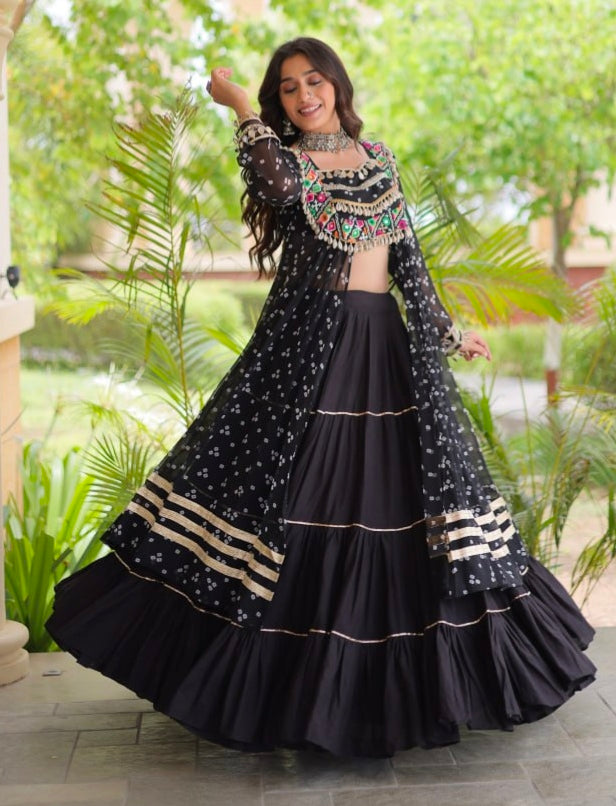 Black Pure Georgette Bandhani Print Kutchi Patchwork Navratri Lehenga Choli With Koti