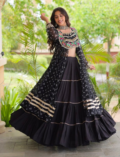 Black Pure Georgette Bandhani Print Kutchi Patchwork Navratri Lehenga Choli With Koti