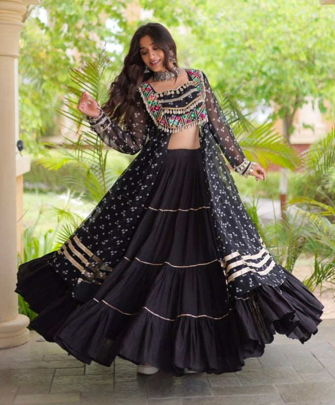 Black Pure Georgette Bandhani Print Kutchi Patchwork Navratri Lehenga Choli With Koti