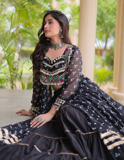 Black Pure Georgette Bandhani Print Kutchi Patchwork Navratri Lehenga Choli With Koti