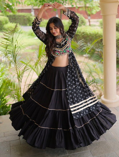 Black Pure Georgette Bandhani Print Kutchi Patchwork Navratri Lehenga Choli With Koti