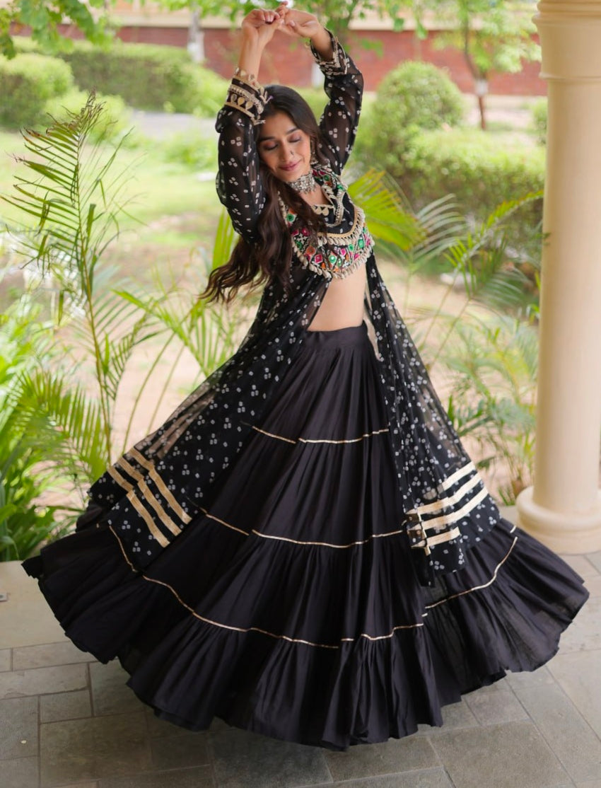 Black Pure Georgette Bandhani Print Kutchi Patchwork Navratri Lehenga Choli With Koti
