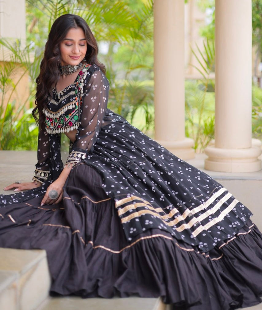 Black Pure Georgette Bandhani Print Kutchi Patchwork Navratri Lehenga Choli With Koti