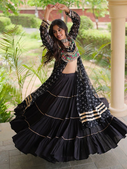 Black Pure Georgette Bandhani Print Kutchi Patchwork Navratri Lehenga Choli With Koti