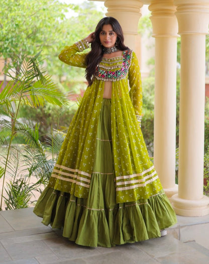Parrot Pure Georgette Bandhani Print Kutchi Patchwork Navratri Lehenga Choli With Koti