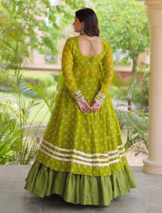 Parrot Pure Georgette Bandhani Print Kutchi Patchwork Navratri Lehenga Choli With Koti