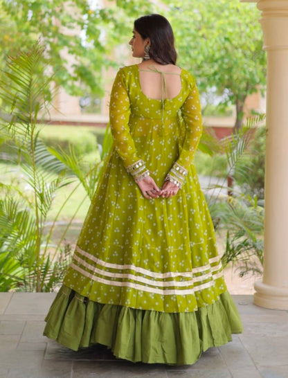 Parrot Pure Georgette Bandhani Print Kutchi Patchwork Navratri Lehenga Choli With Koti