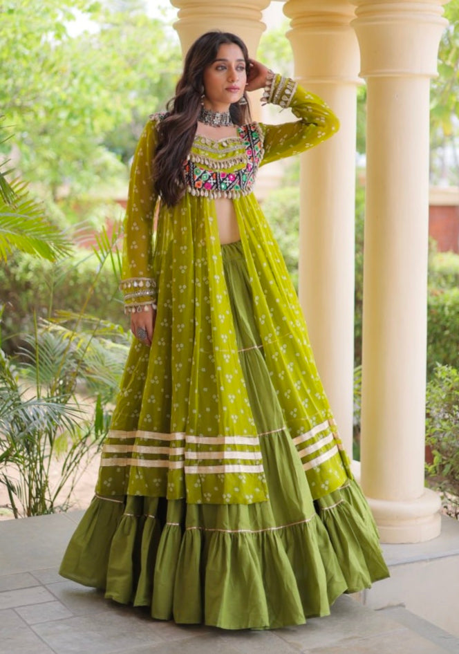 Parrot Pure Georgette Bandhani Print Kutchi Patchwork Navratri Lehenga Choli With Koti