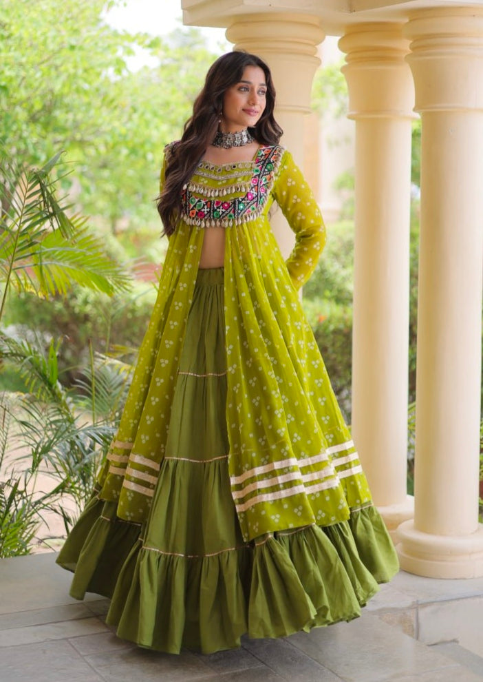 Parrot Pure Georgette Bandhani Print Kutchi Patchwork Navratri Lehenga Choli With Koti