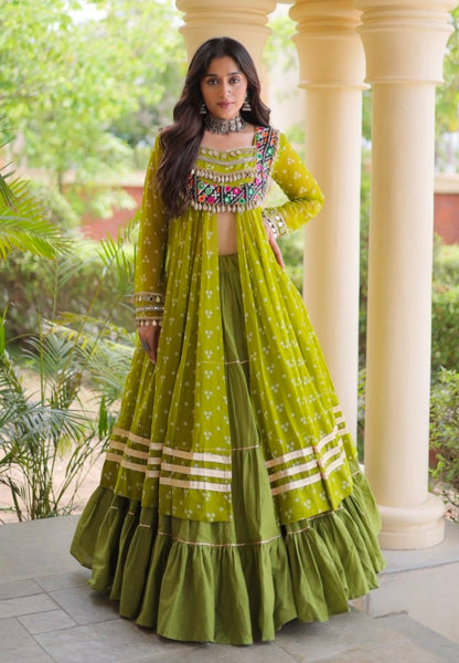 Parrot Pure Georgette Bandhani Print Kutchi Patchwork Navratri Lehenga Choli With Koti