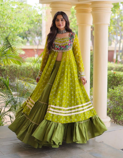 Parrot Pure Georgette Bandhani Print Kutchi Patchwork Navratri Lehenga Choli With Koti