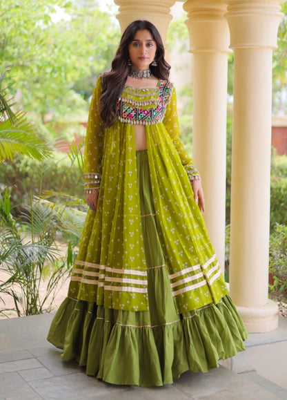 Parrot Pure Georgette Bandhani Print Kutchi Patchwork Navratri Lehenga Choli With Koti