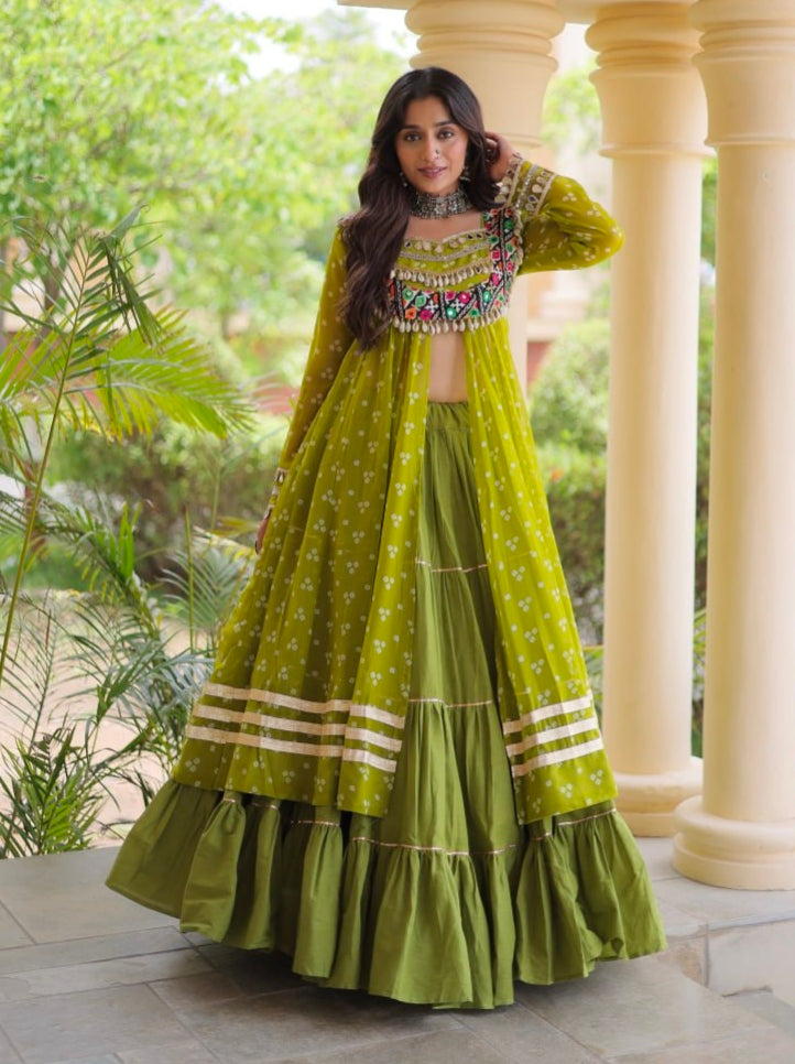 Parrot Pure Georgette Bandhani Print Kutchi Patchwork Navratri Lehenga Choli With Koti