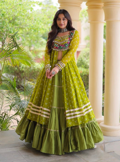 Parrot Pure Georgette Bandhani Print Kutchi Patchwork Navratri Lehenga Choli With Koti