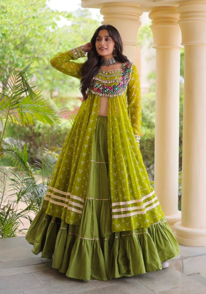 Parrot Pure Georgette Bandhani Print Kutchi Patchwork Navratri Lehenga Choli With Koti