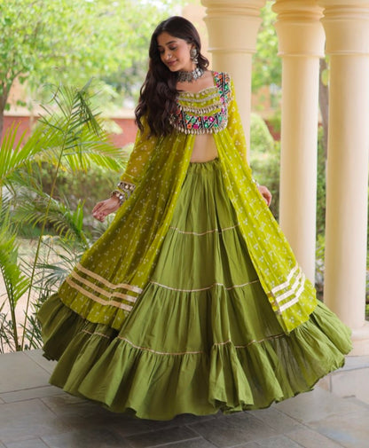 Parrot Pure Georgette Bandhani Print Kutchi Patchwork Navratri Lehenga Choli With Koti