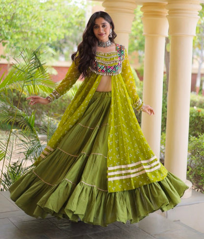Parrot Pure Georgette Bandhani Print Kutchi Patchwork Navratri Lehenga Choli With Koti