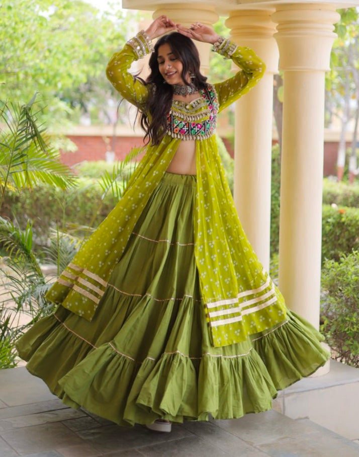 Parrot Pure Georgette Bandhani Print Kutchi Patchwork Navratri Lehenga Choli With Koti