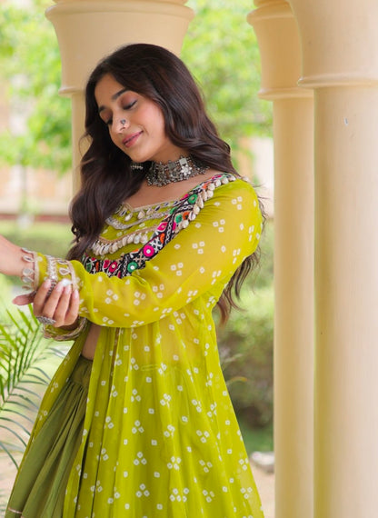 Parrot Pure Georgette Bandhani Print Kutchi Patchwork Navratri Lehenga Choli With Koti