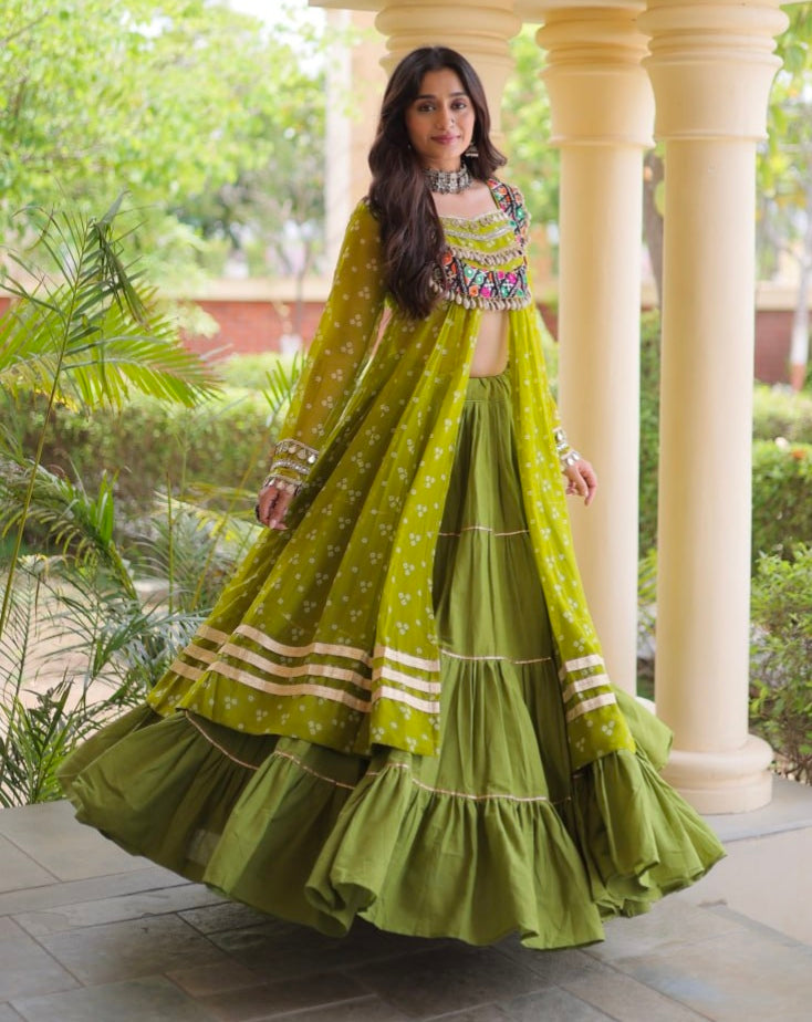 Parrot Pure Georgette Bandhani Print Kutchi Patchwork Navratri Lehenga Choli With Koti