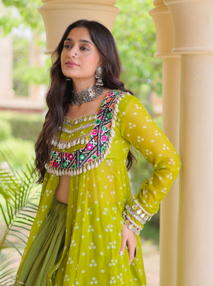 Parrot Pure Georgette Bandhani Print Kutchi Patchwork Navratri Lehenga Choli With Koti